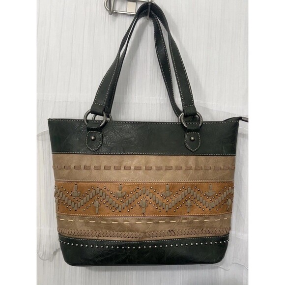Montana West Southwestern Faux Leather Studded Whipstitch Purse Tote Green - Picture 1 of 6